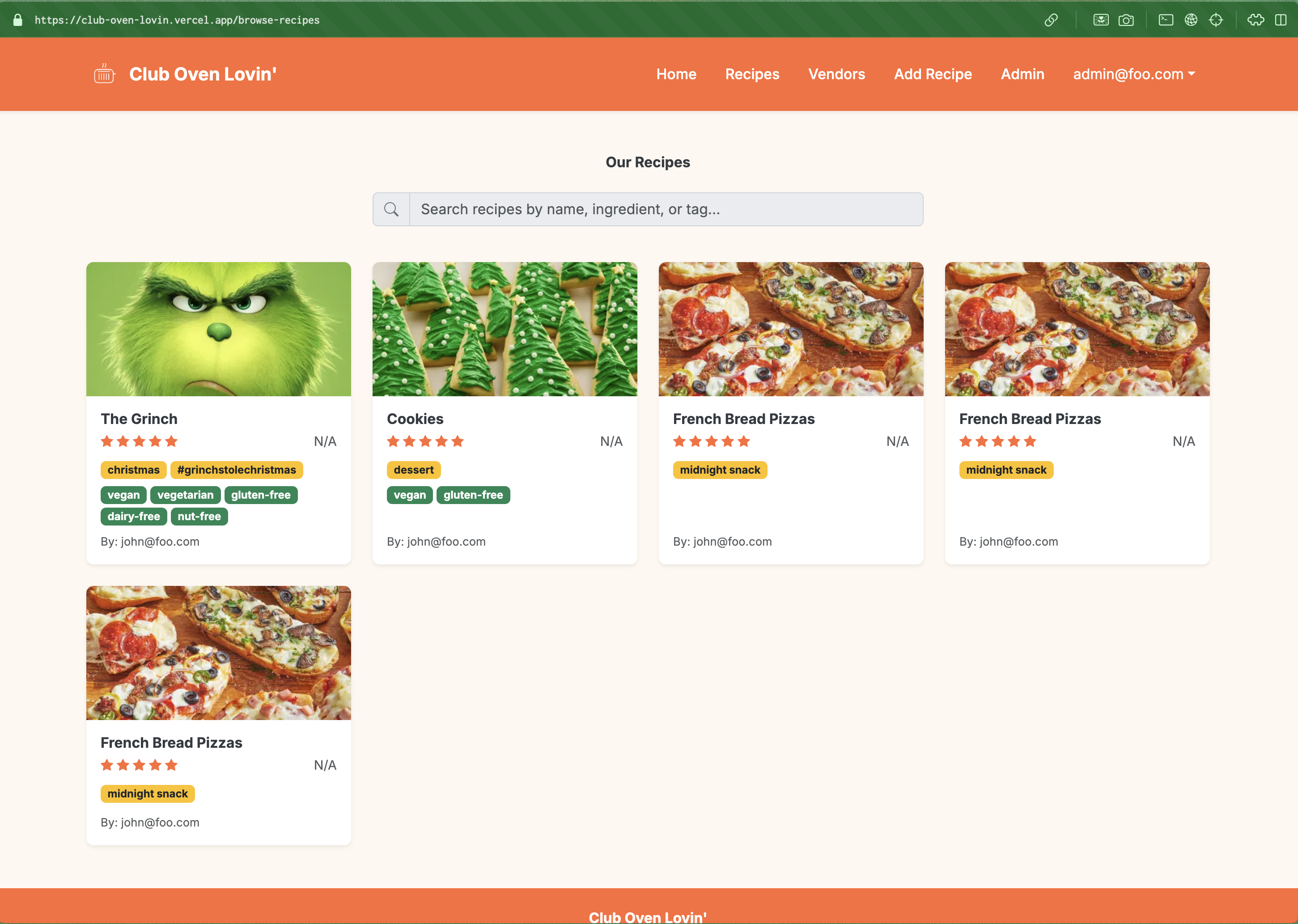 Browse recipes page showing Club Oven Lovin’ recipe cards with images, tags, and dietary badges
