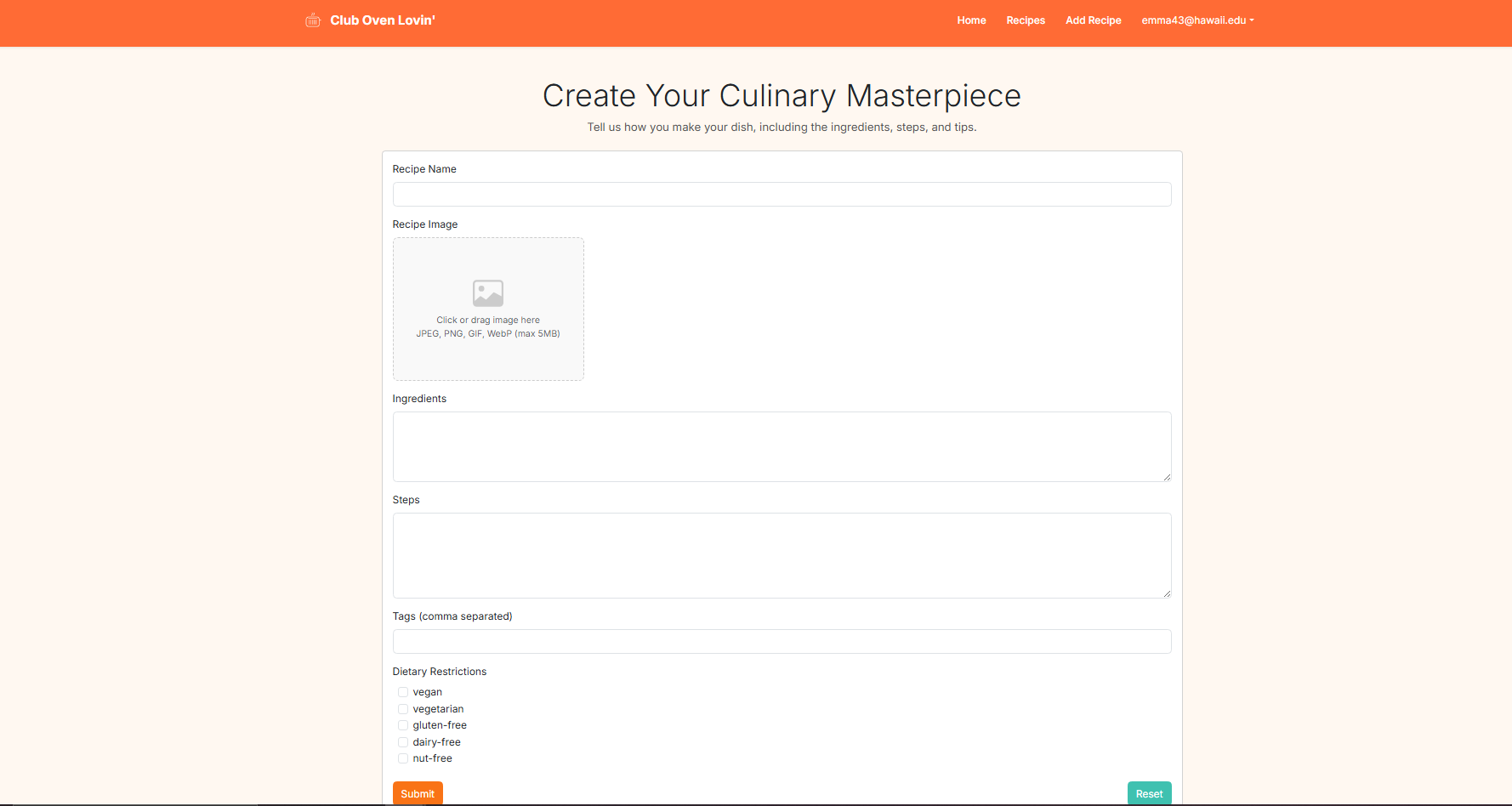 create recipes page
